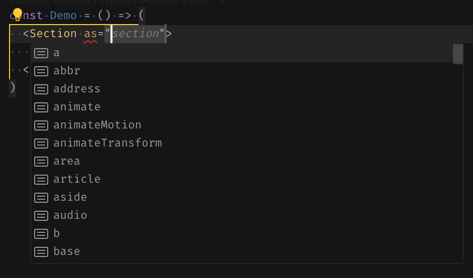 VS Code autocomplete suggestion for the "as" prop